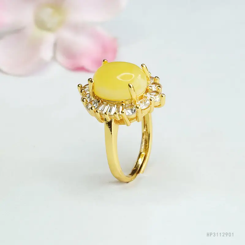 Yellow Honey Amber Ring with Diamond Set - Image 5