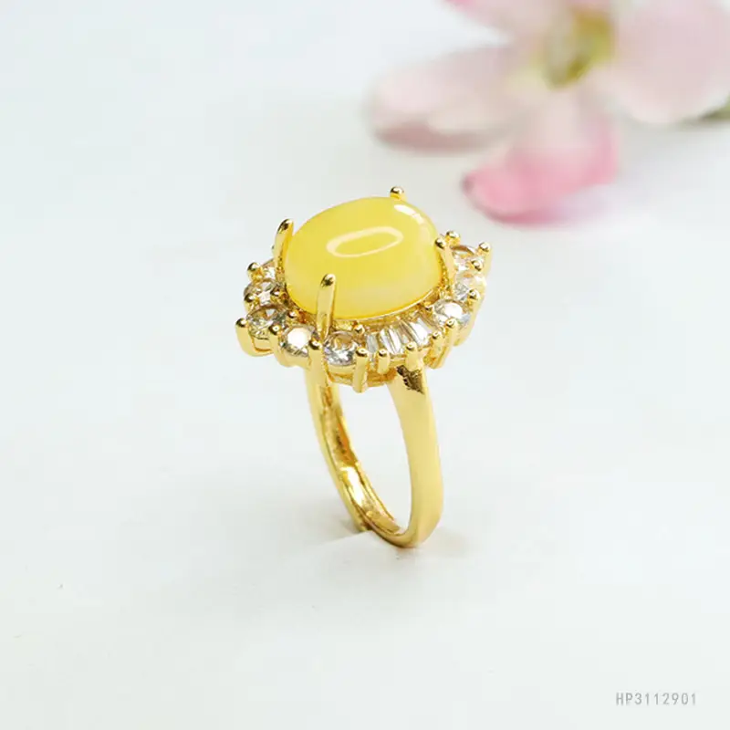 Yellow Honey Amber Ring with Diamond Set — feature 8