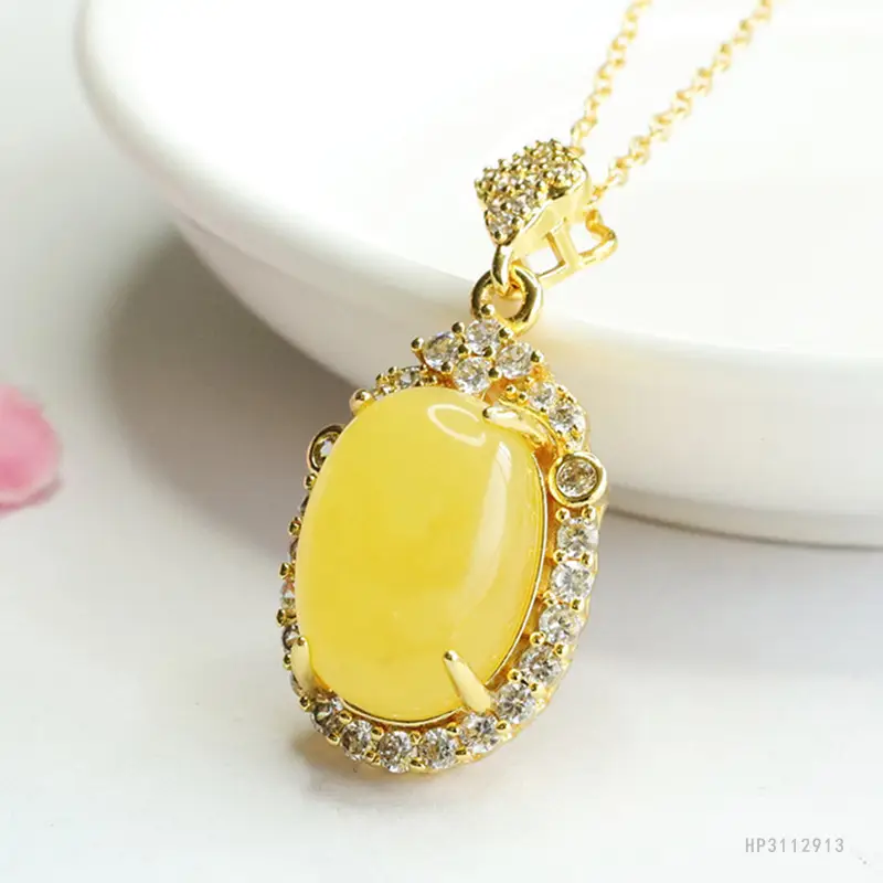 Gold Pendant Necklace with Yellow Amber Honey Wax Egg Design