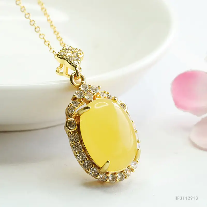Gold Pendant Necklace with Yellow Amber Honey Wax Egg Design