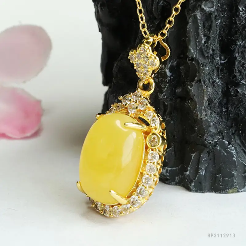 Gold Pendant Necklace with Yellow Amber Honey Wax Egg Design