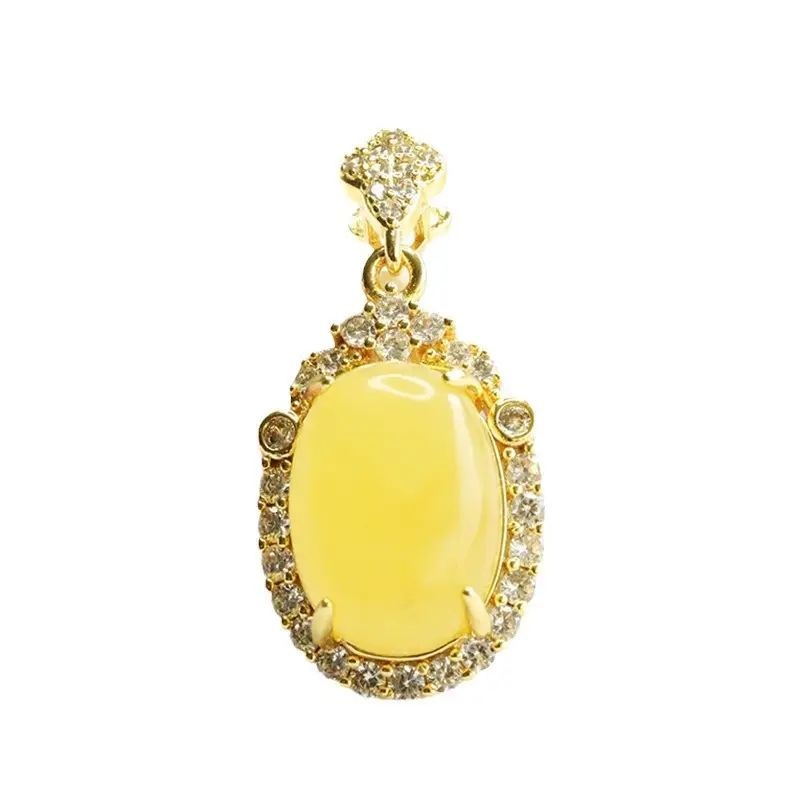Gold Pendant Necklace with Yellow Amber Honey Wax Egg Design