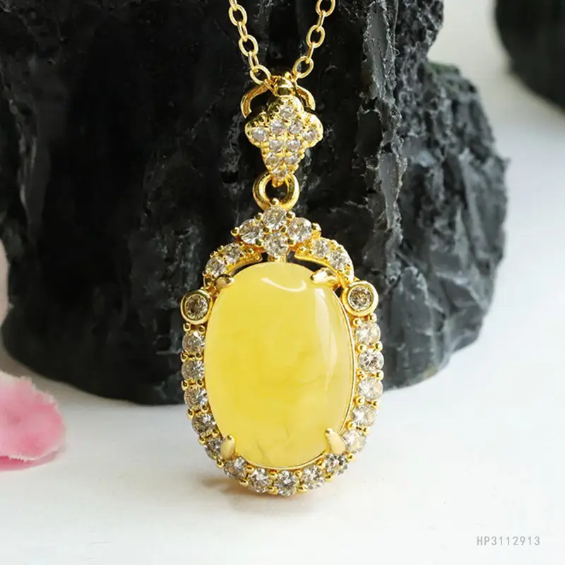 Gold Pendant Necklace with Yellow Amber Honey Wax Egg Design — feature 7