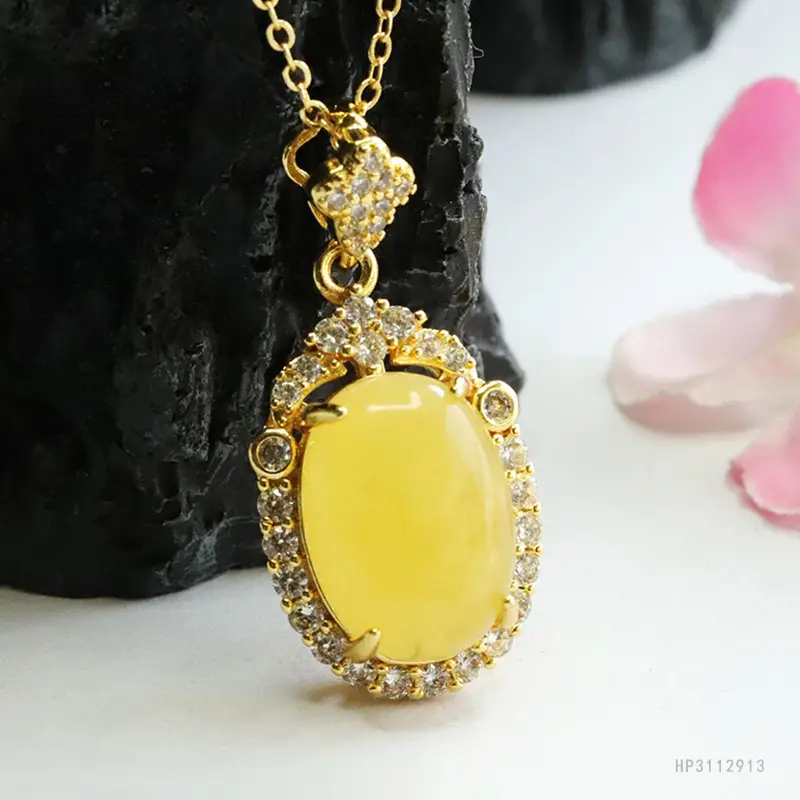 Gold Pendant Necklace with Yellow Amber Honey Wax Egg Design — feature 8