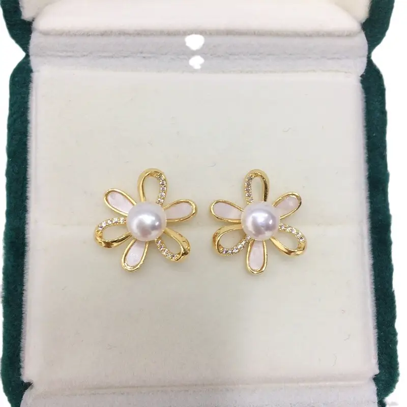 Zhuji Pearl Daisy Earrings 18K Gold Filled Women