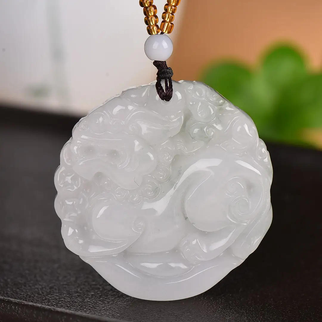 White Jade Dragon Pendant with Chain & Pearl - Image 2