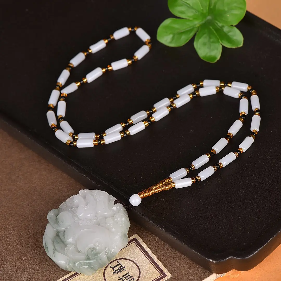 White Jade Dragon Pendant with Chain & Pearl - Image 4