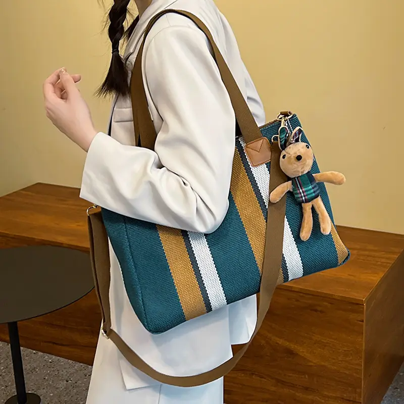 Large Striped Canvas Bag for Women Commuting Shoulder Crossbody - Image 4