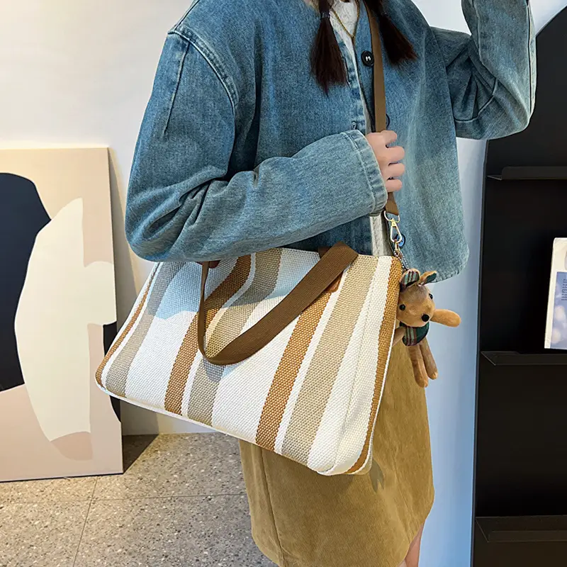 Large Striped Canvas Bag for Women Commuting Shoulder Crossbody - Image 5