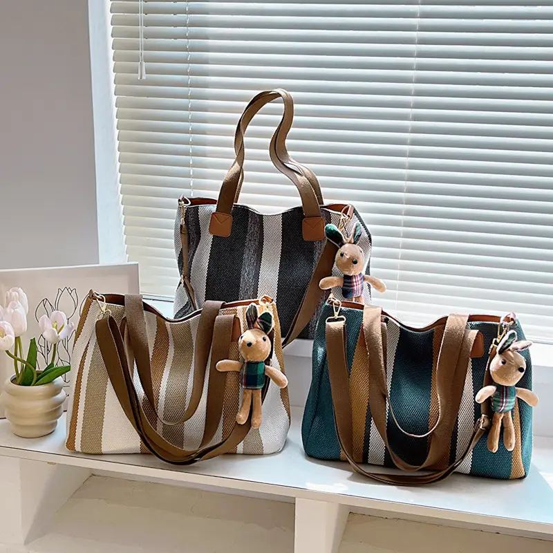 Large Striped Canvas Bag for Women Commuting Shoulder Crossbody - Image 6