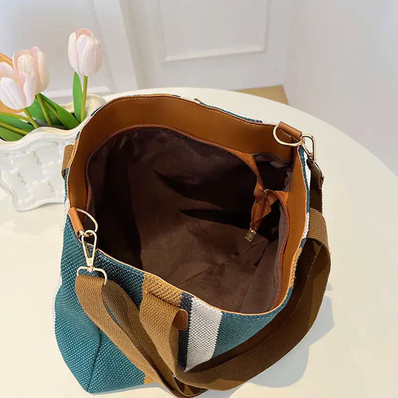 Large Striped Canvas Bag for Women Commuting Shoulder Crossbody - Image 7