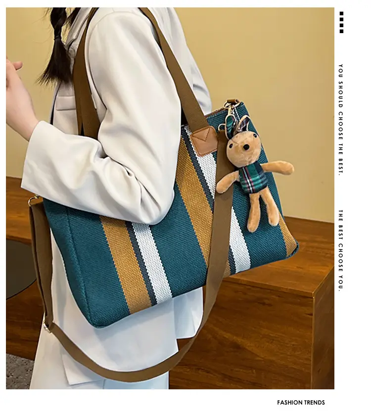 Large Striped Canvas Bag for Women Commuting Shoulder Crossbody — feature 1