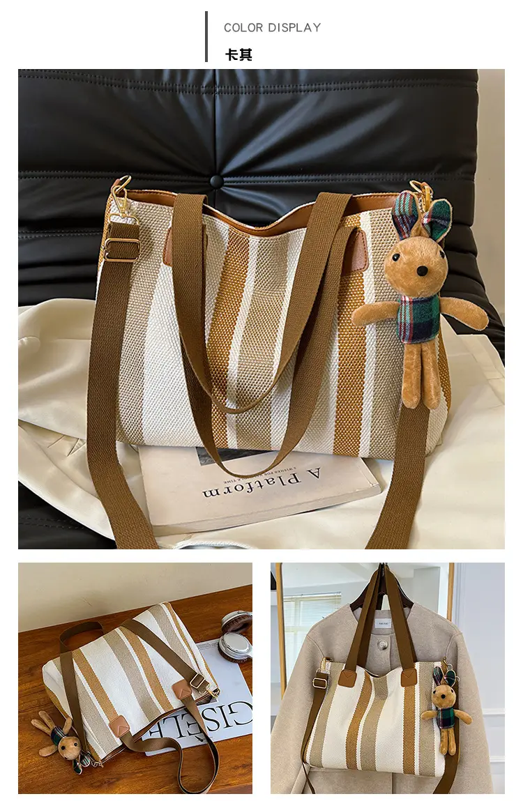 Large Striped Canvas Bag for Women Commuting Shoulder Crossbody — feature 16