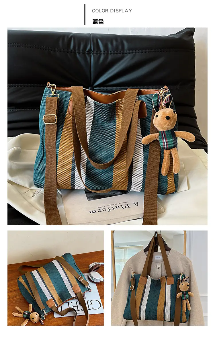 Large Striped Canvas Bag for Women Commuting Shoulder Crossbody — feature 17