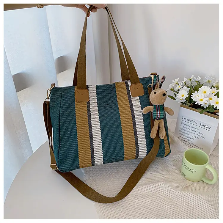 Large Striped Canvas Bag for Women Commuting Shoulder Crossbody — feature 18