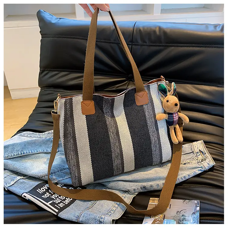 Large Striped Canvas Bag for Women Commuting Shoulder Crossbody — feature 21