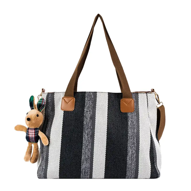 Large Striped Canvas Bag for Women Commuting Shoulder Crossbody - Image 3