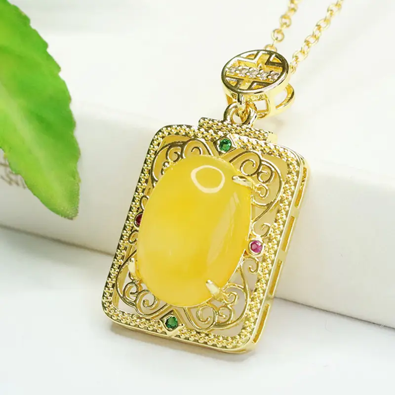 Yellow Amber Square Necklace with Gold Chain