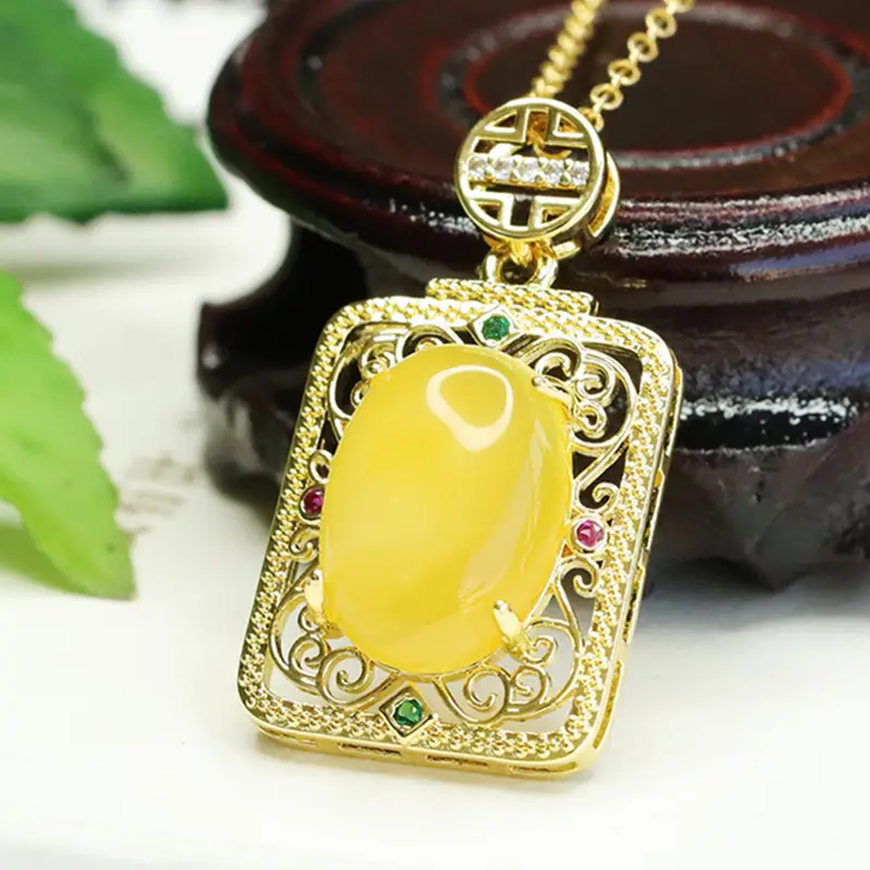 Yellow Amber Square Necklace with Gold Chain