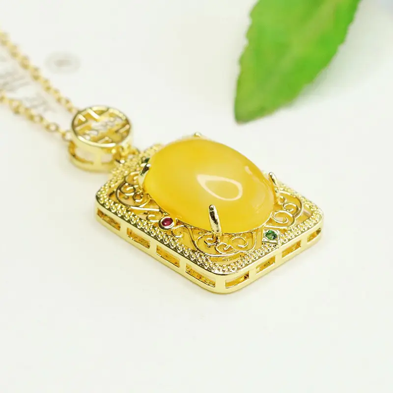 Yellow Amber Square Necklace with Gold Chain