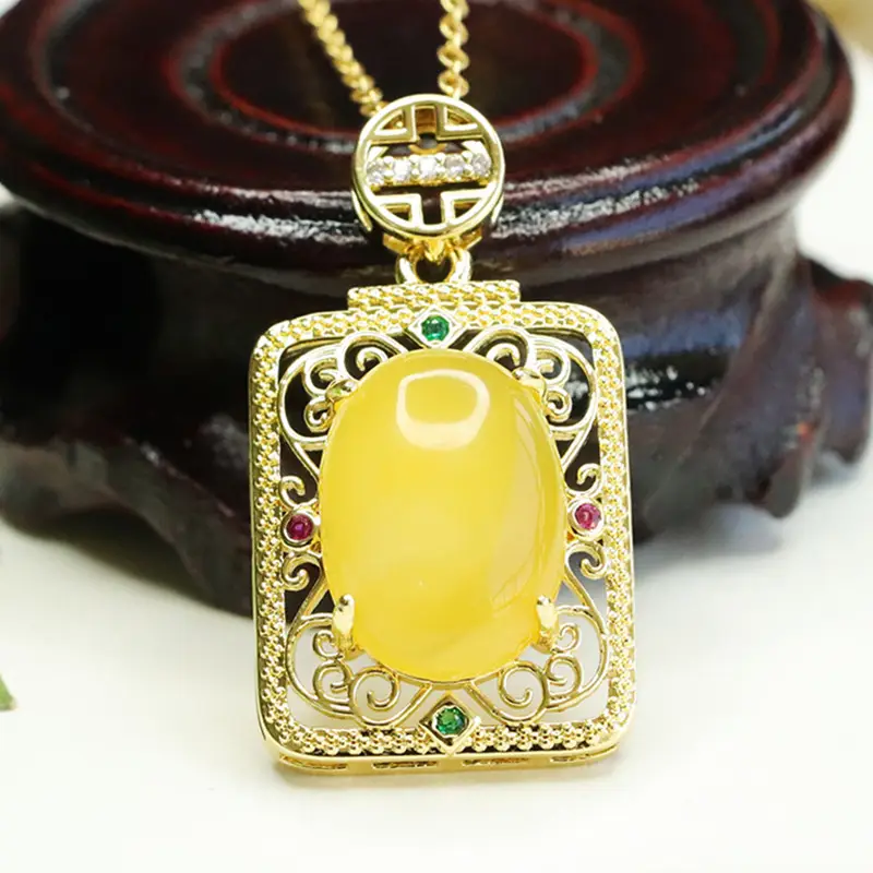 Yellow Amber Square Necklace with Gold Chain — feature 1