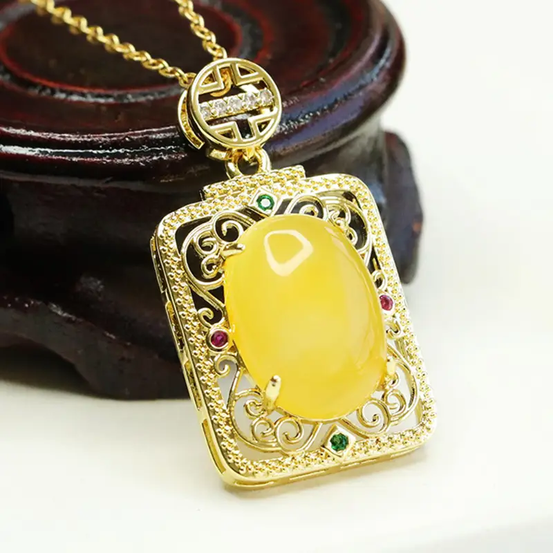 Yellow Amber Square Necklace with Gold Chain — feature 5