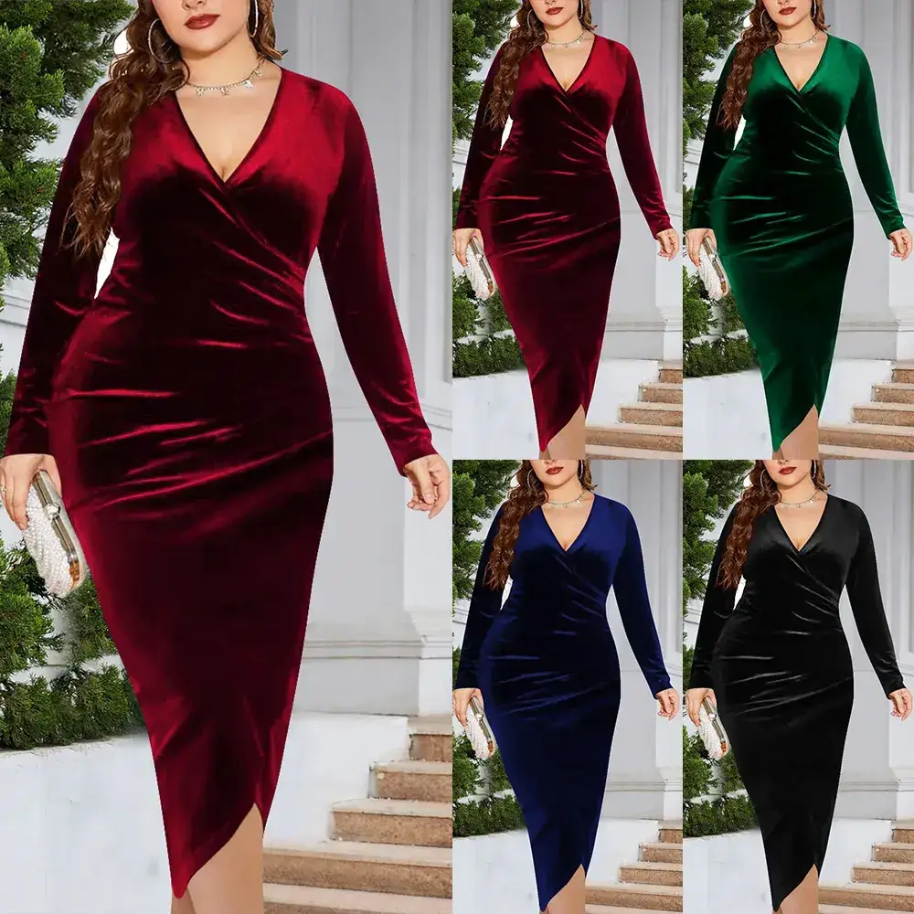 Long Sleeve Velvet Dress for Plus Size Women Deep V Neck - Image 5
