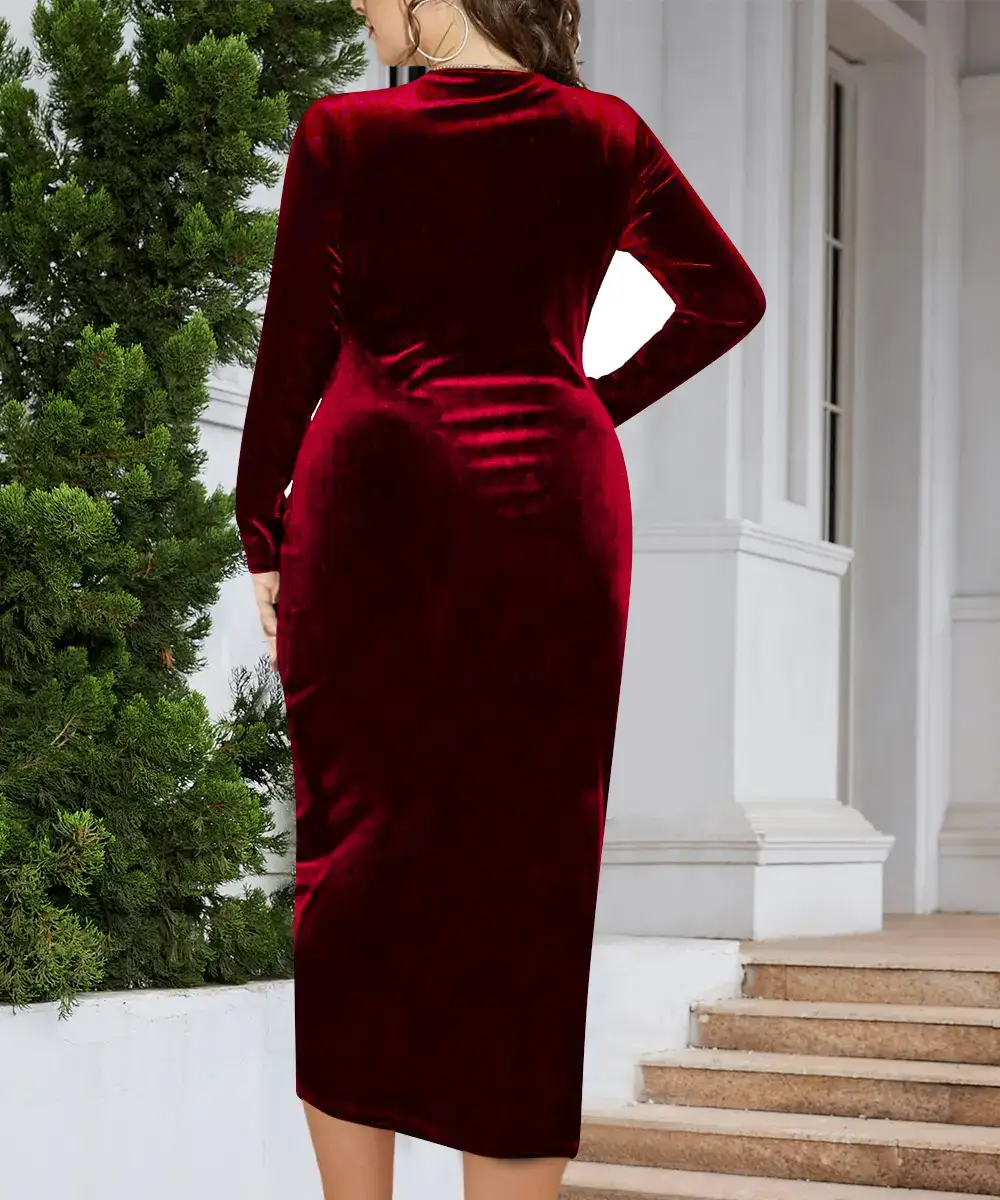 Long Sleeve Velvet Dress for Plus Size Women Deep V Neck — feature 19