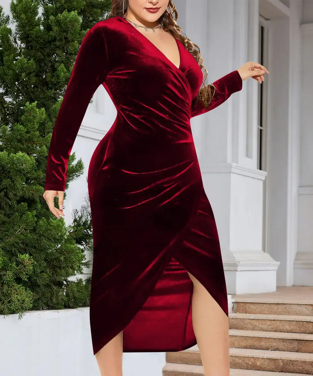 Long Sleeve Velvet Dress for Plus Size Women Deep V Neck — feature 21