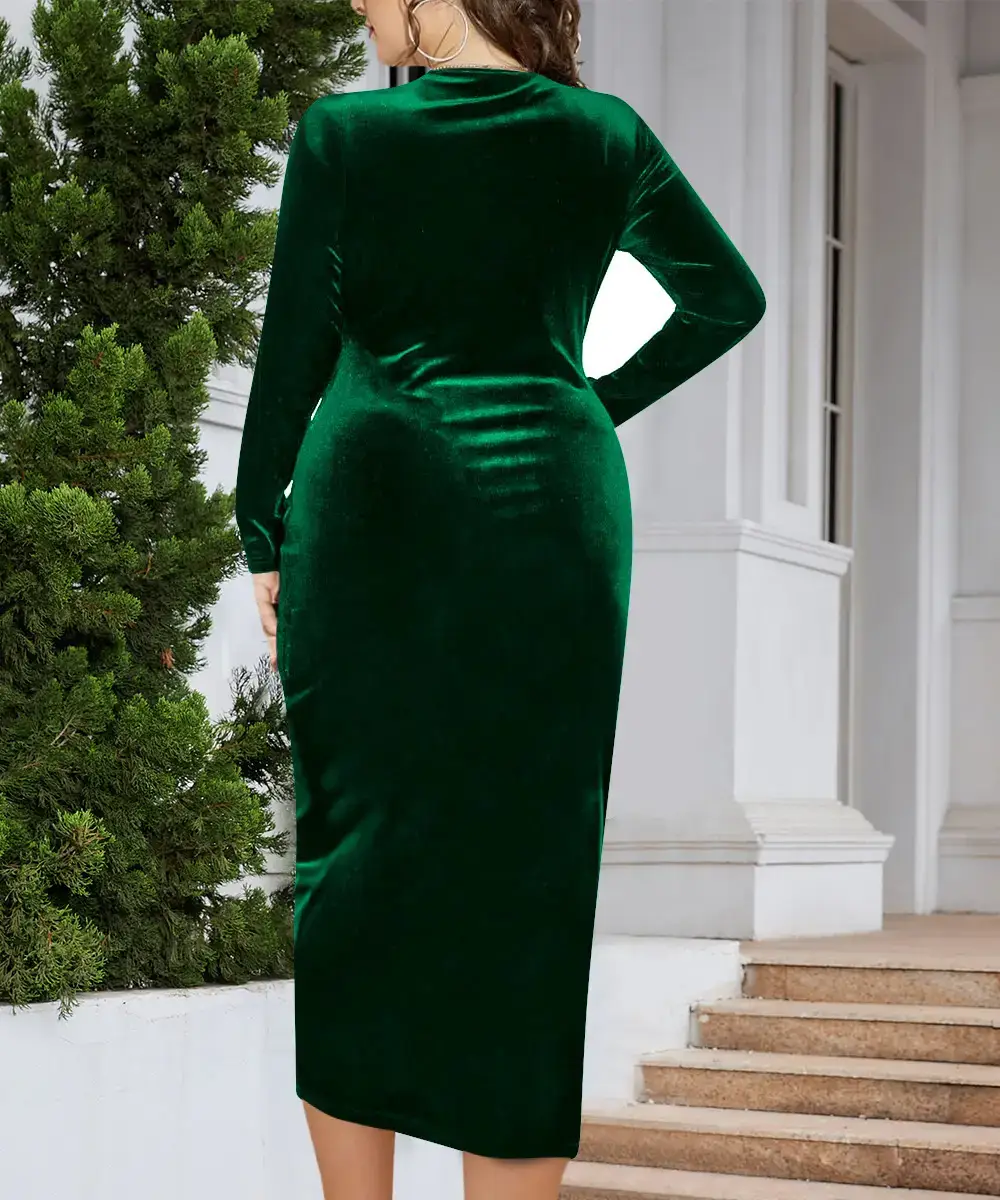 Long Sleeve Velvet Dress for Plus Size Women Deep V Neck — feature 24