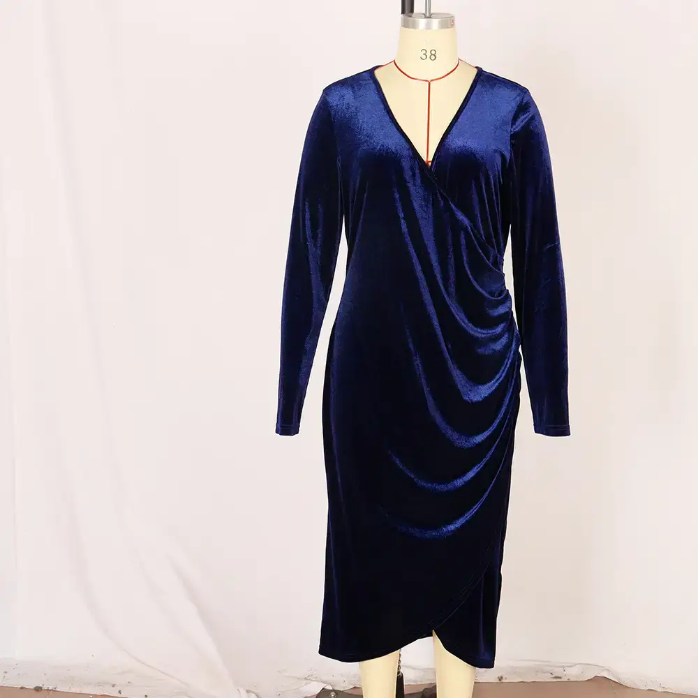 Long Sleeve Velvet Dress for Plus Size Women Deep V Neck — feature 28