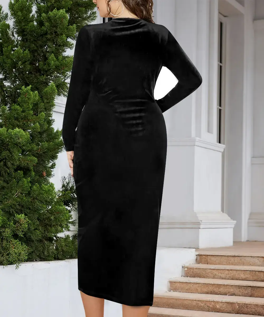 Long Sleeve Velvet Dress for Plus Size Women Deep V Neck — feature 6