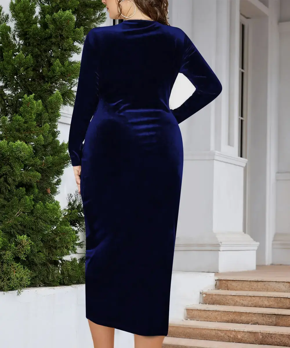 Long Sleeve Velvet Dress for Plus Size Women Deep V Neck — feature 8