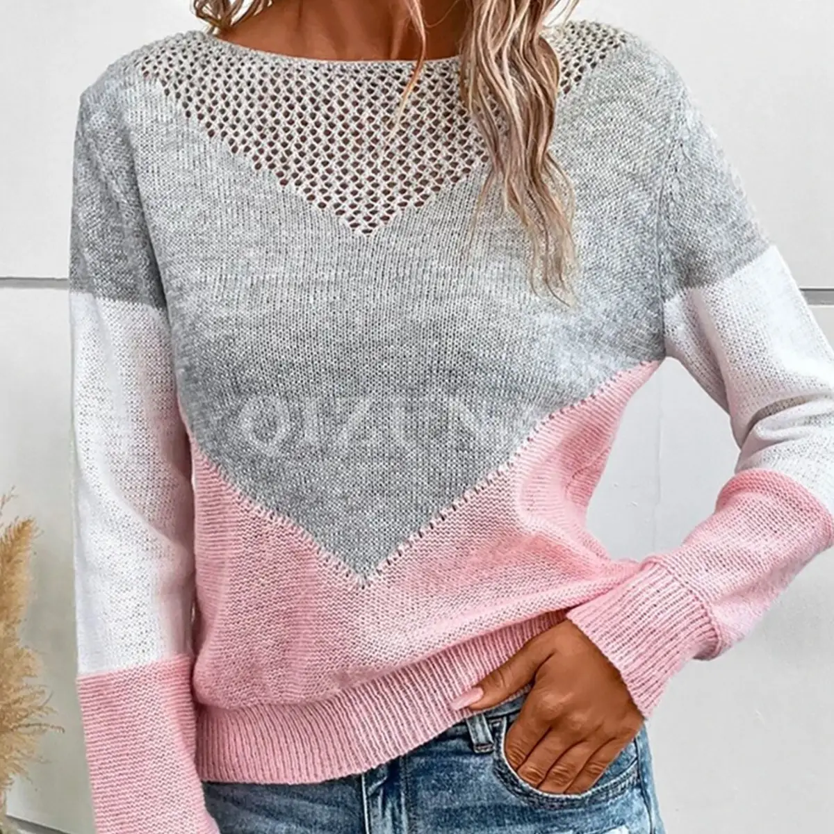 Women Crossbody Sweater Grey Pink Knit Long Sleeve