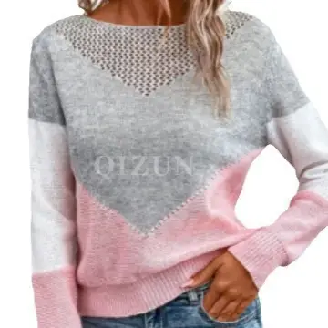 Women Crossbody Sweater Grey Pink Knit Long Sleeve