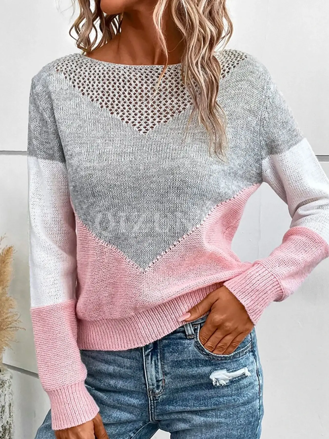 Women Crossbody Sweater Grey Pink Knit Long Sleeve — feature 3