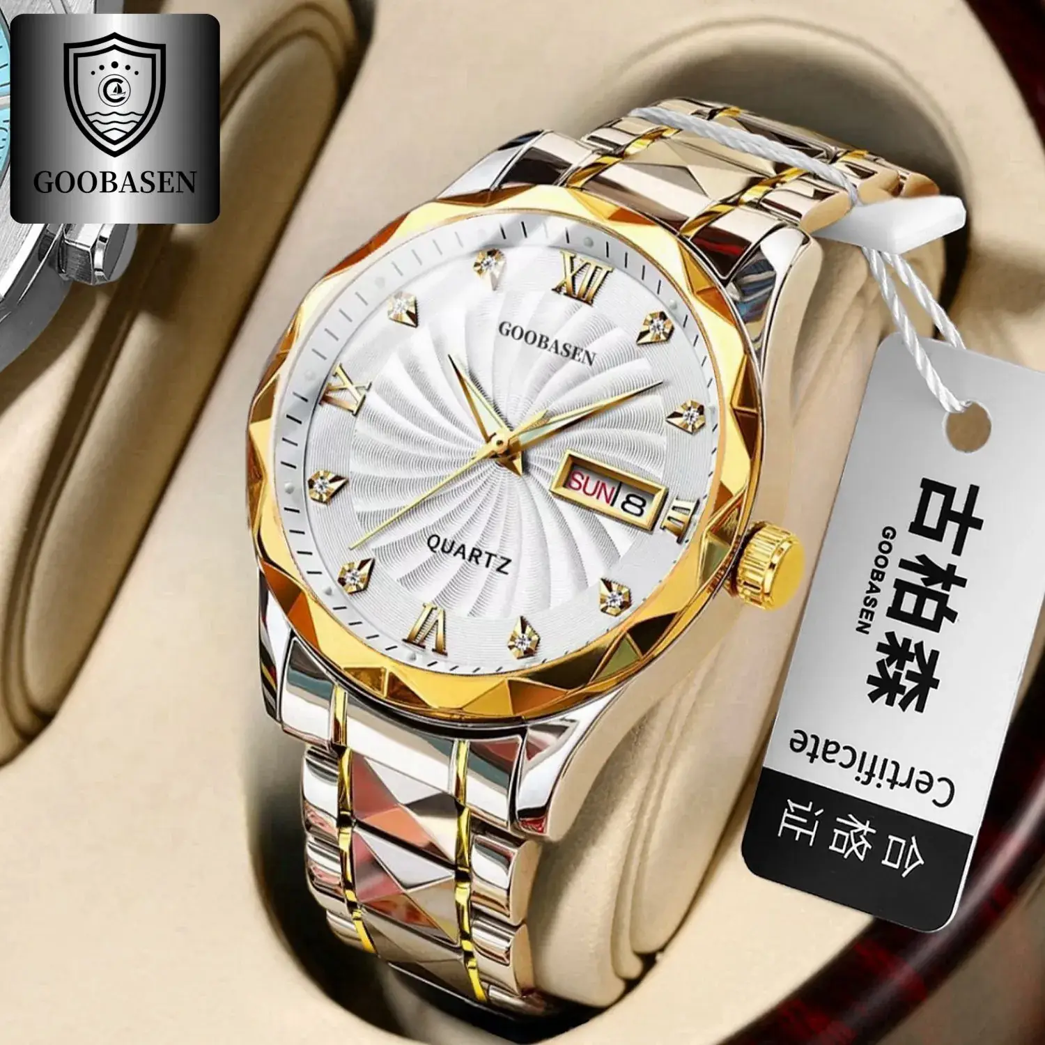 Guberson Men's Diamond Watch Gold Black Dial Waterproof - Image 8