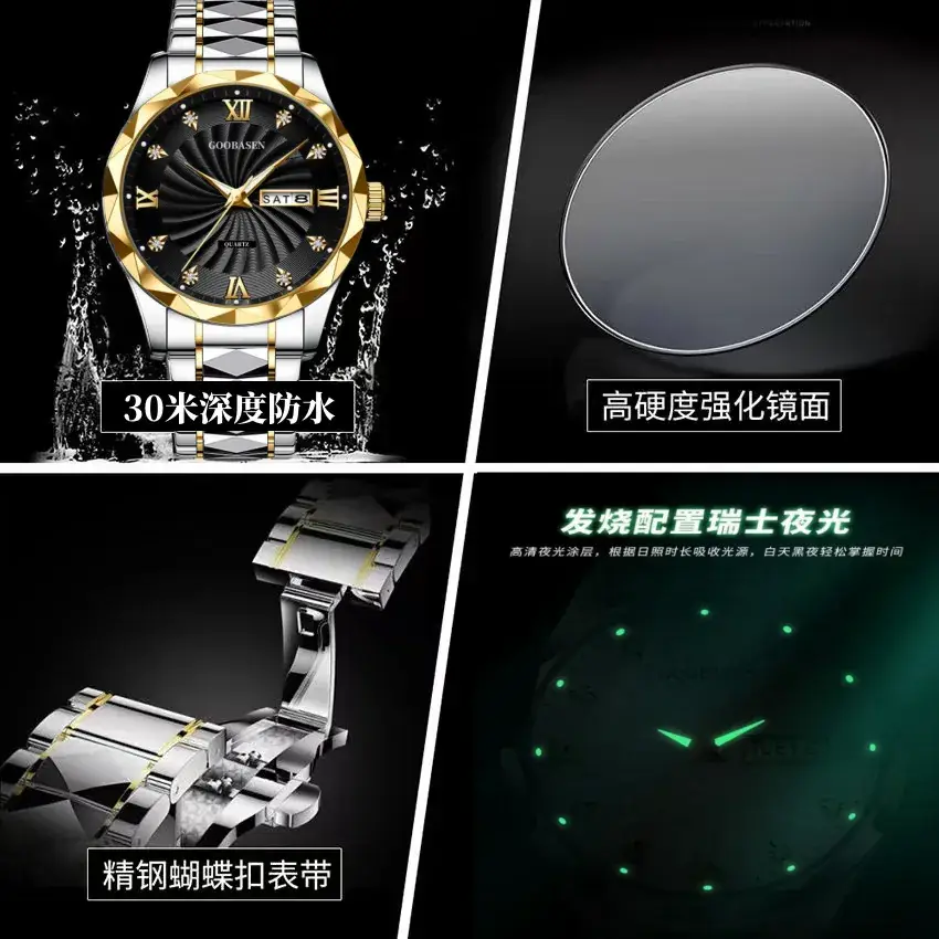 Guberson Men's Diamond Watch Gold Black Dial Waterproof - Image 9