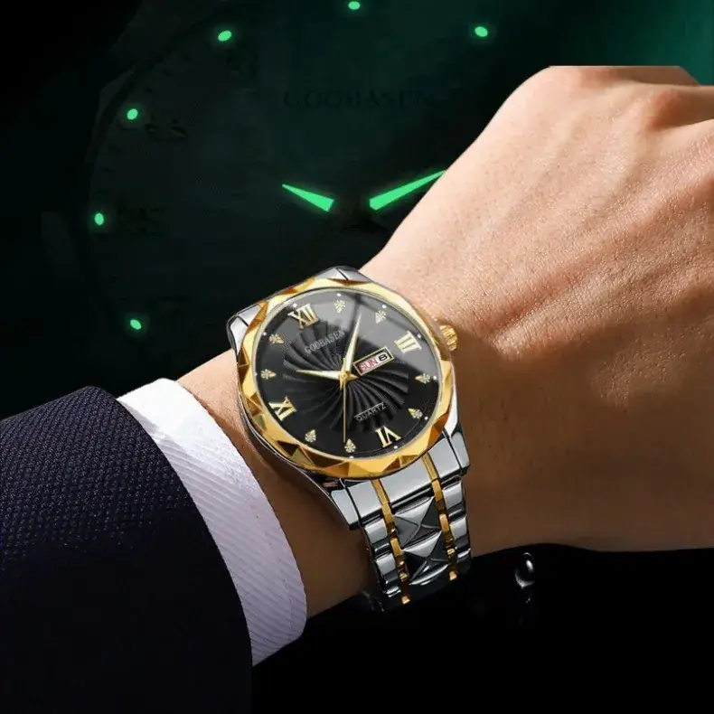 Guberson Men's Diamond Watch Gold Black Dial Waterproof - Image 10