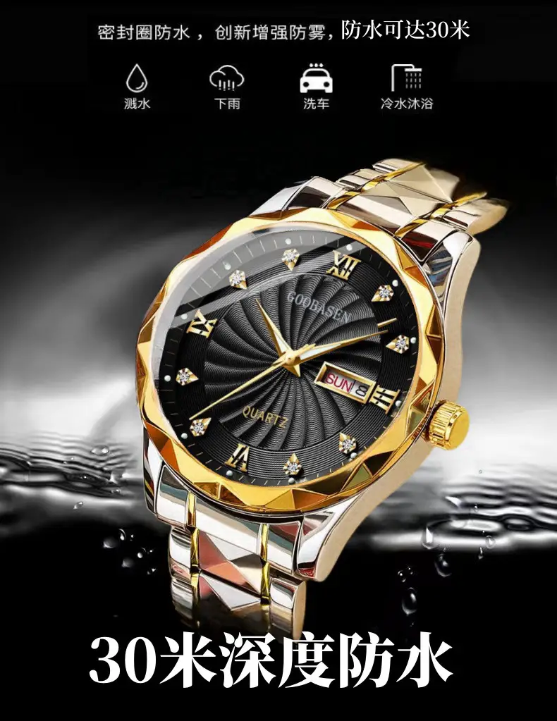 Guberson Men's Diamond Watch Gold Black Dial Waterproof — feature 3