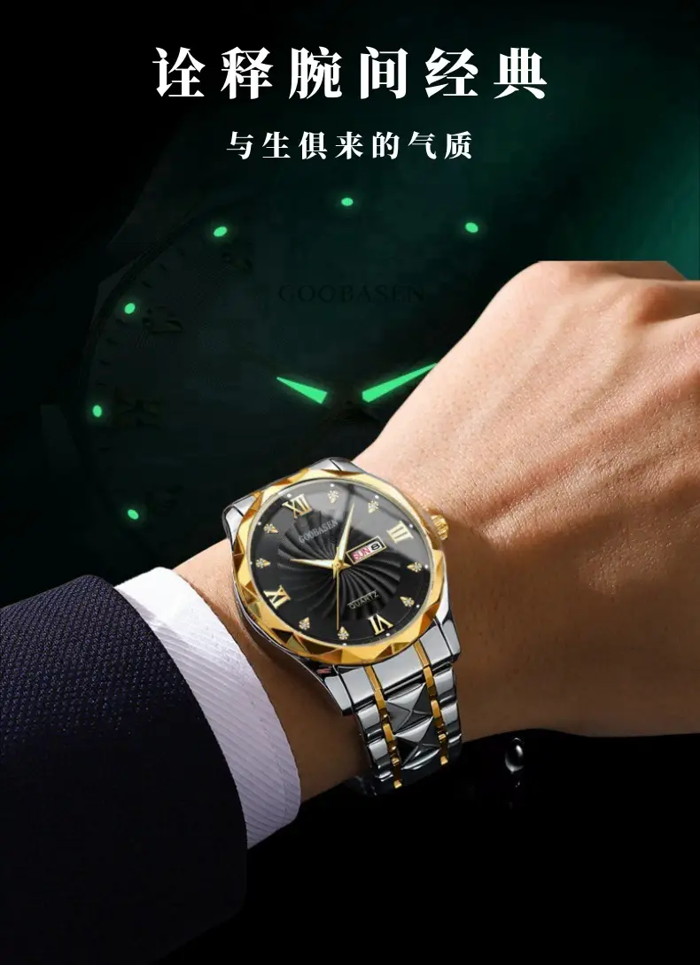 Guberson Men's Diamond Watch Gold Black Dial Waterproof — feature 5