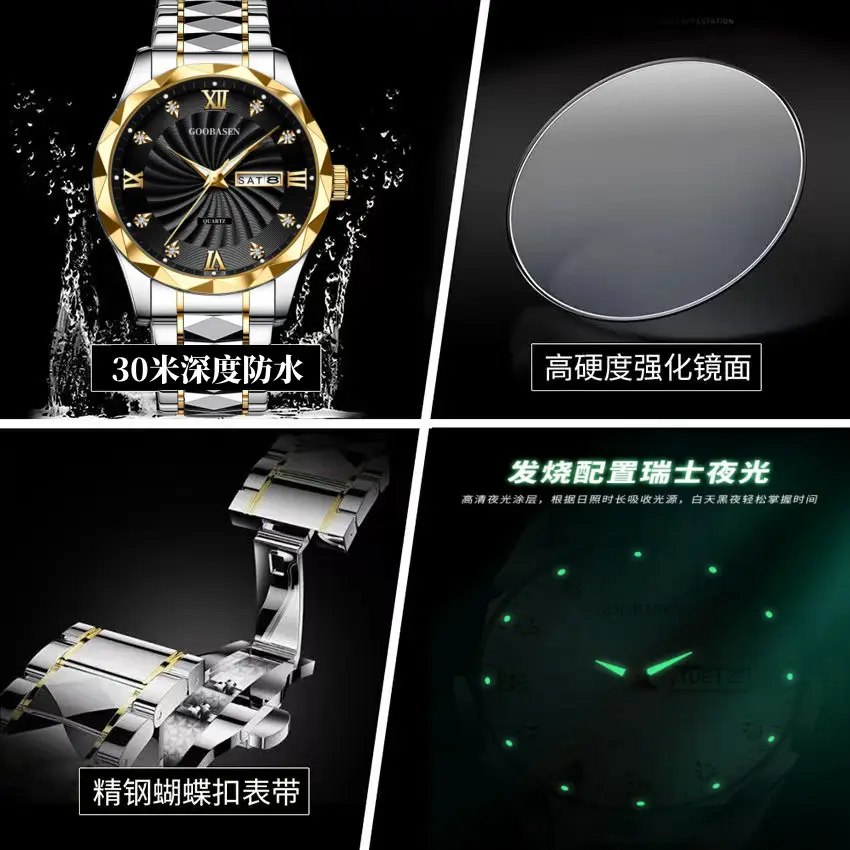 Guberson Men's Diamond Watch Gold Black Dial Waterproof — feature 7