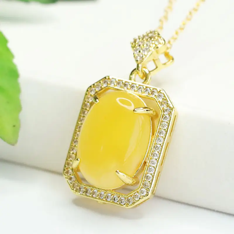 Yellow Amber Square Necklace with Diamond Border - Image 3