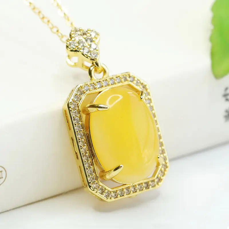 Yellow Amber Square Necklace with Diamond Border - Image 4