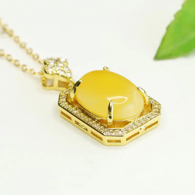 Yellow Amber Square Necklace with Diamond Border - Image 5