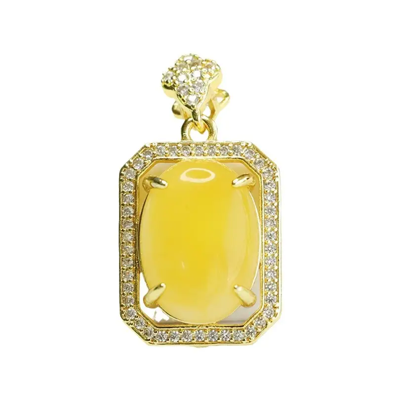 Yellow Amber Square Necklace with Diamond Border - Image 6