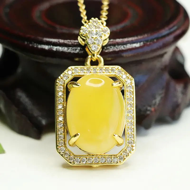 Yellow Amber Square Necklace with Diamond Border — feature 7