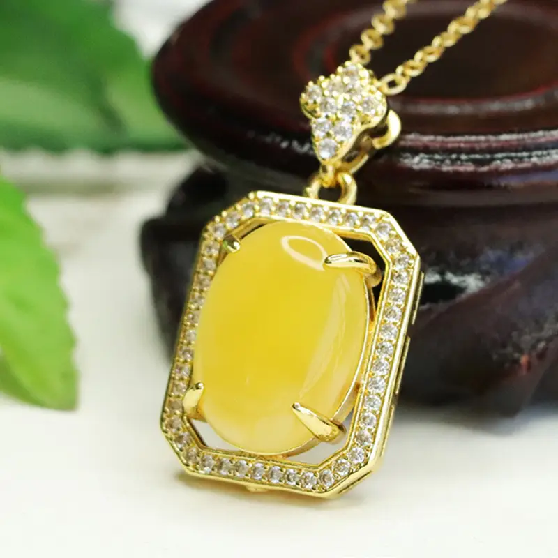 Yellow Amber Square Necklace with Diamond Border — feature 9