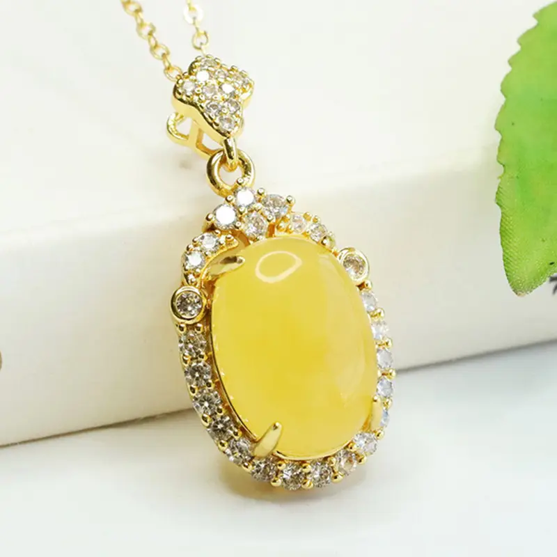 Aiyu Natural Amber Pendant Necklace with Diamond Set - Image 3
