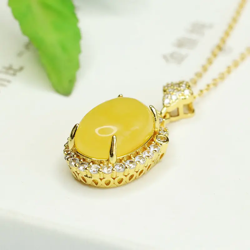 Aiyu Natural Amber Pendant Necklace with Diamond Set - Image 5